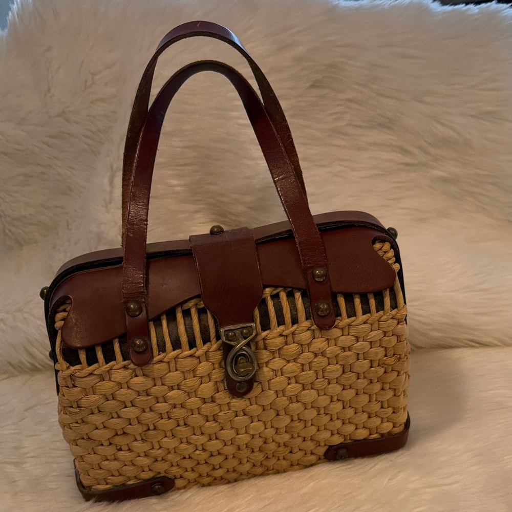 Vintage Straw Basket Handbag Leather Top Handle Metal Detail Cottagecor